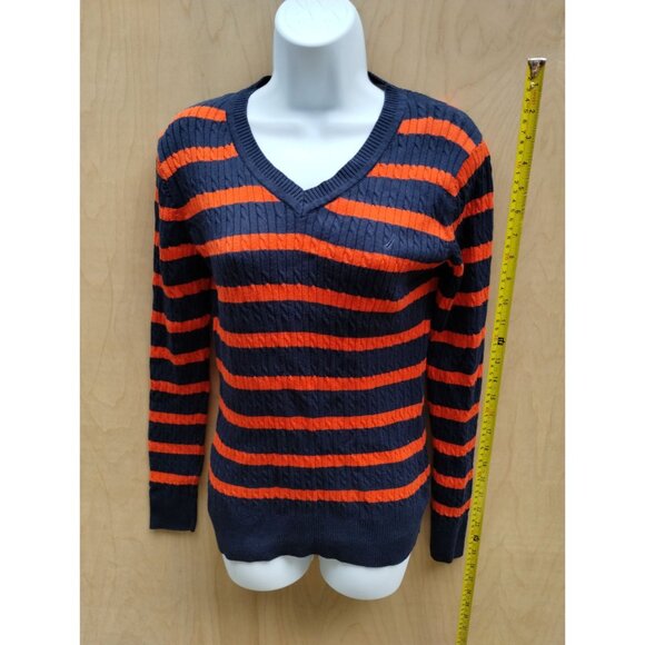 Nautica Womens Striped Sweater Navy & Orange V-Neck 100% Cotton Size M - Picture 3 of 9